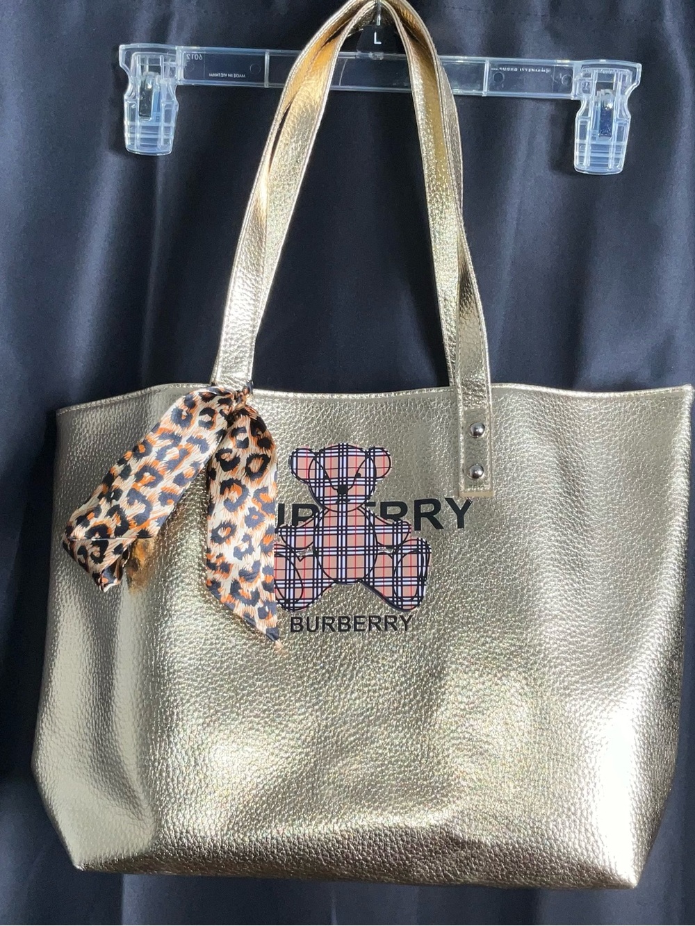 Burberry Metallic Gold Tote with Plaid Bear Motif and Leopard Scarf Accent